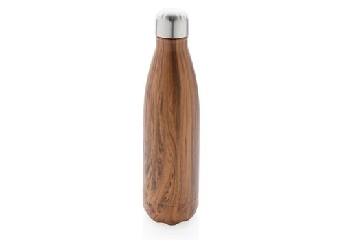 Vacuum insulated ss bottle with wood print, brown