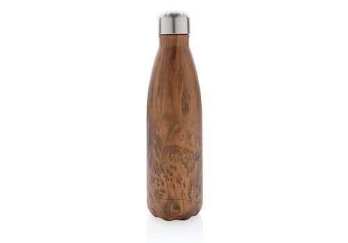 Vacuum insulated ss bottle with wood print, brown