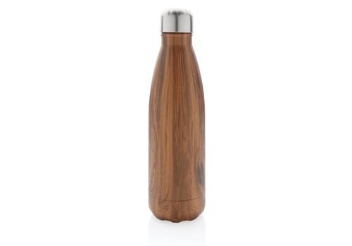 Vacuum insulated ss bottle with wood print, brown