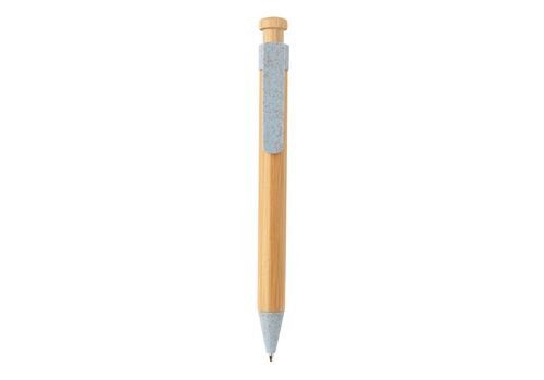 Bamboo pen with wheatstraw clip, blue