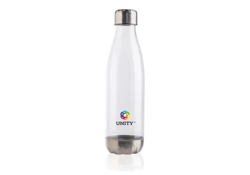 Leakproof water bottle with stainless steel lid, transparent