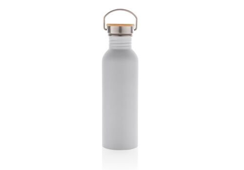 Modern stainless steel bottle with bamboo lid, white