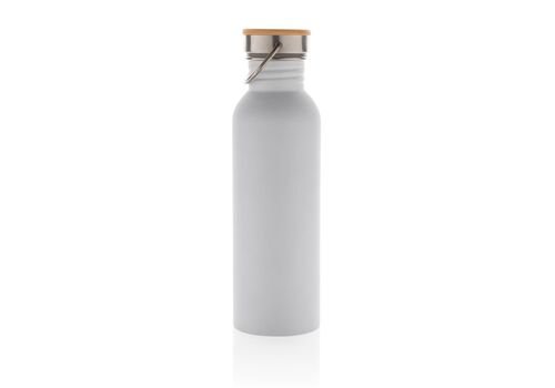 Modern stainless steel bottle with bamboo lid, white