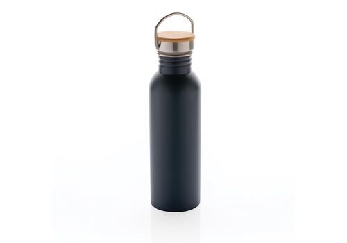 Modern stainless steel bottle with bamboo lid, blue