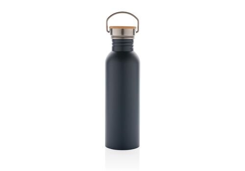 Modern stainless steel bottle with bamboo lid, blue