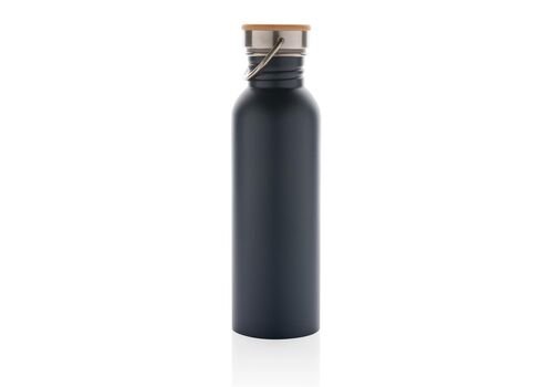 Modern stainless steel bottle with bamboo lid, blue