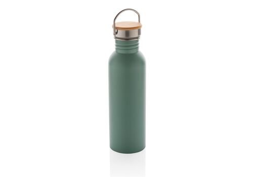 Modern stainless steel bottle with bamboo lid, green