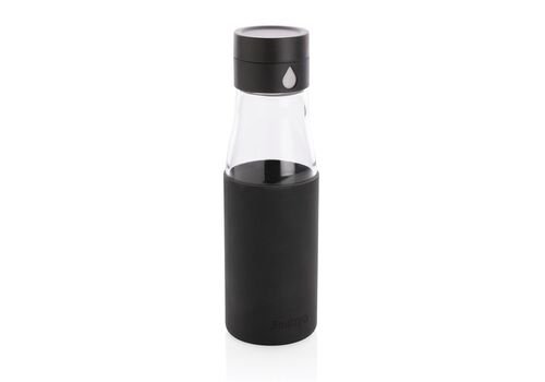 Ukiyo glass hydration tracking bottle with sleeve, black