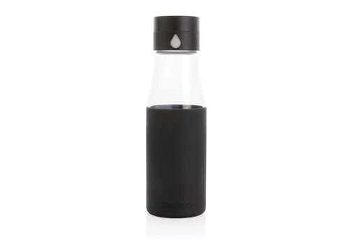 Ukiyo glass hydration tracking bottle with sleeve, black