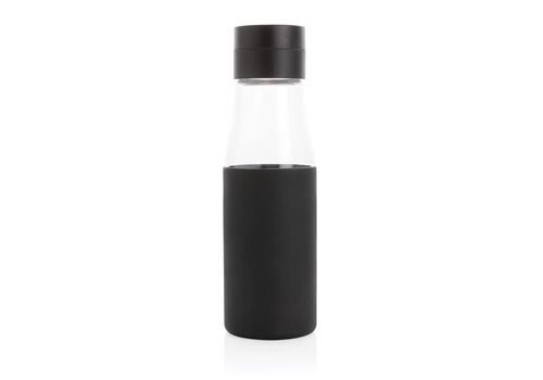 Ukiyo glass hydration tracking bottle with sleeve, black