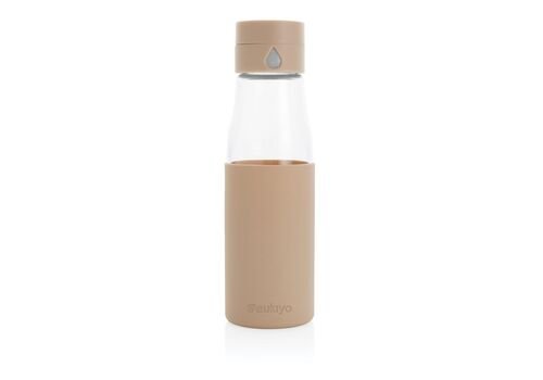 Ukiyo glass hydration tracking bottle with sleeve, brown