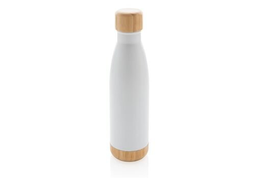 Vacuum stainless steel bottle with bamboo lid and bottom, wh