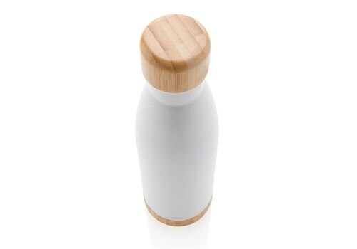 Vacuum stainless steel bottle with bamboo lid and bottom, wh